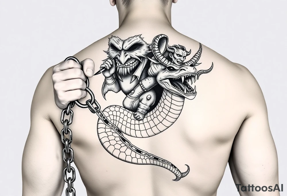 An giant ugly demonic man  holding a chain with a snake and something with devils horns ridding the snake both being slaves the snake has a wide shaped cobra head with goat horns and  a mouth full of sharp teeth and with the demonic guy riding on the back of the snake tattoo idea