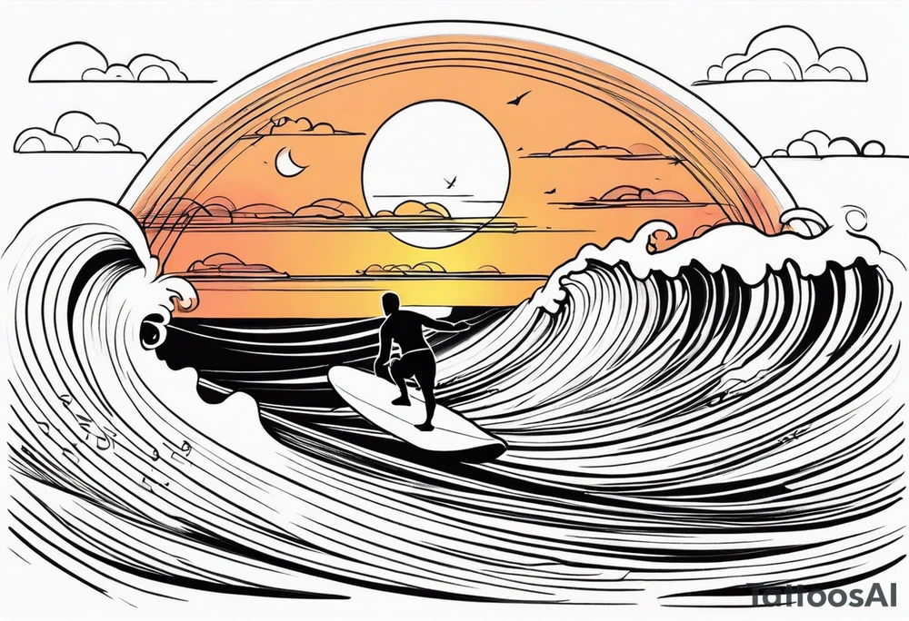 Black and white Line work tattoo depicting a father surfing with his two daughters.  The sunset and horizon have musical notes. tattoo idea