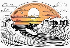 Black and white Line work tattoo depicting a father surfing with his two daughters.  The sunset and horizon have musical notes. tattoo idea
