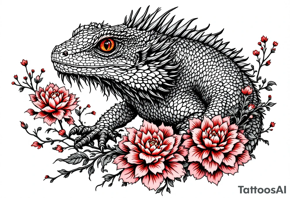 powerful majestic lizard with red eyes, surrounded by red floral ornaments tattoo idea