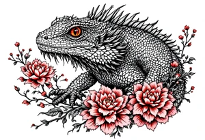 powerful majestic lizard with red eyes, surrounded by red floral ornaments tattoo idea