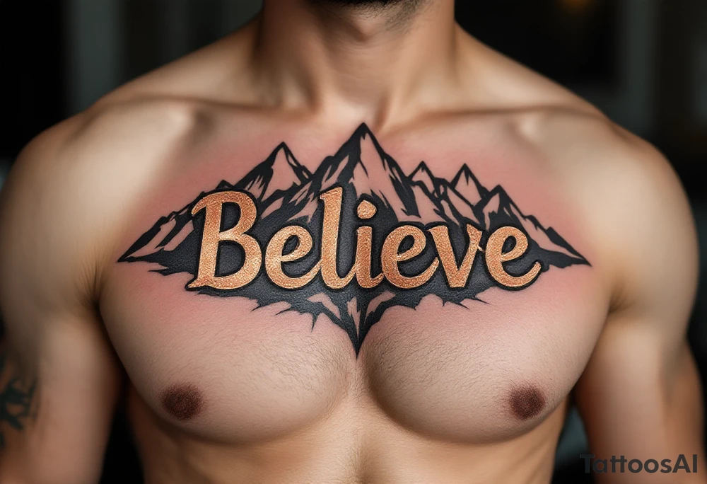 "Believe" in rustic copper with mountain outlines in the background, representing belief in personal strength and the journey ahead. tattoo idea