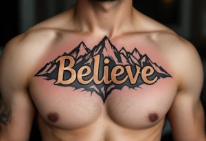 "Believe" in rustic copper with mountain outlines in the background, representing belief in personal strength and the journey ahead. tattoo idea