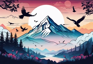 A mountain scape with trees. 5 silhouettes of birds. tattoo idea