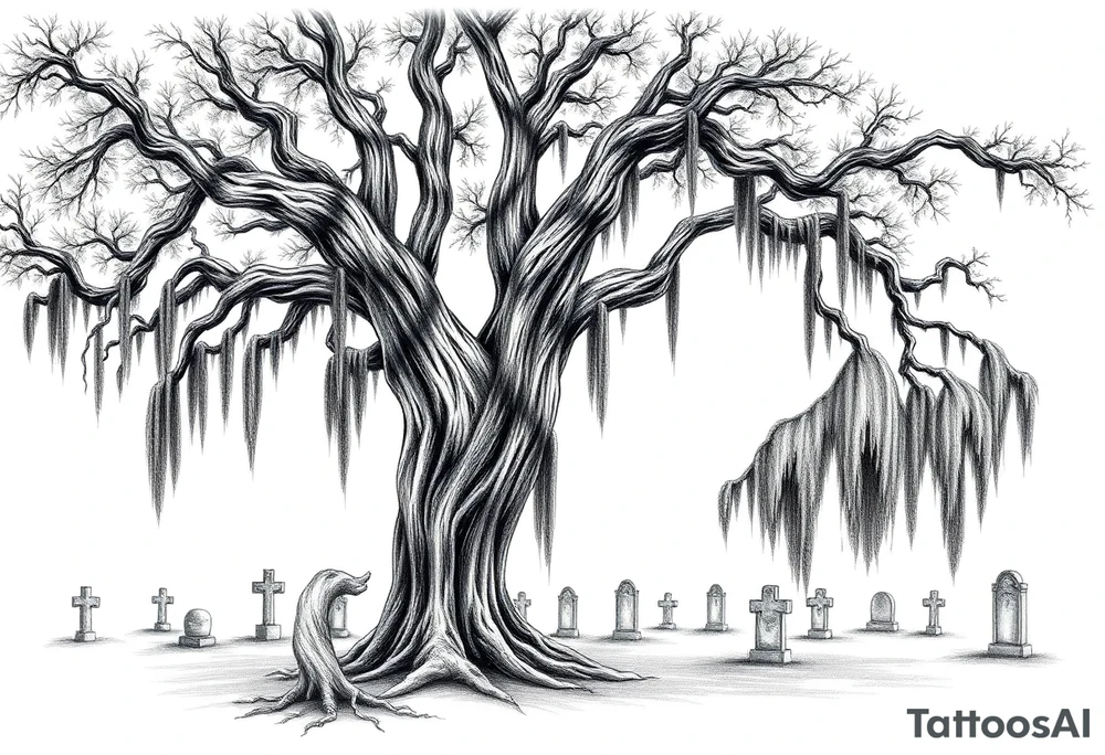 Oak trees with Spanish moss in a cemetery tattoo idea