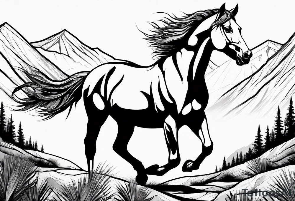 Wild horse, mountain background, feather tattoo idea