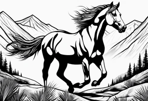 Wild horse, mountain background, feather tattoo idea