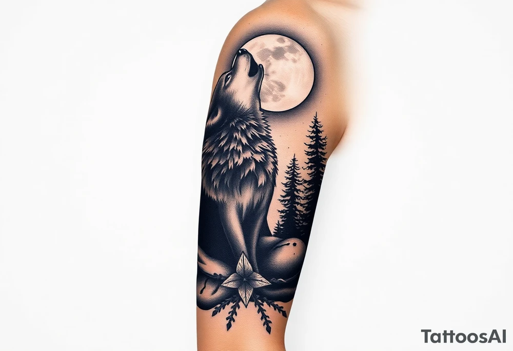 Lone wolf howling at the moon in the forest in the night Columba star tattoo idea