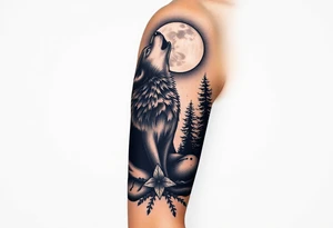Lone wolf howling at the moon in the forest in the night Columba star tattoo idea