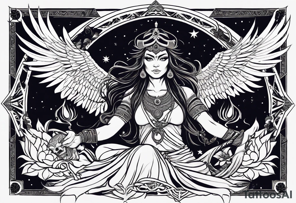 black kali, goddess pirate, alien, angel, pachamama, valkrye, warrior, flying, skull, lotus azul, wing, eagle, zenza resonance, stars, 5D, anahata chakra, death, durga, riding on a tiger, flying lady tattoo idea