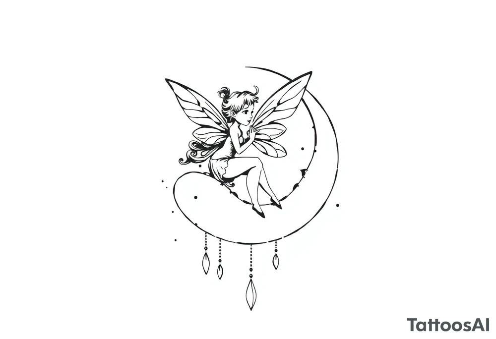 Solid black tattoo of a Fairy sitting on moon with dangles. tattoo idea