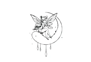 Solid black tattoo of a Fairy sitting on moon with dangles. tattoo idea