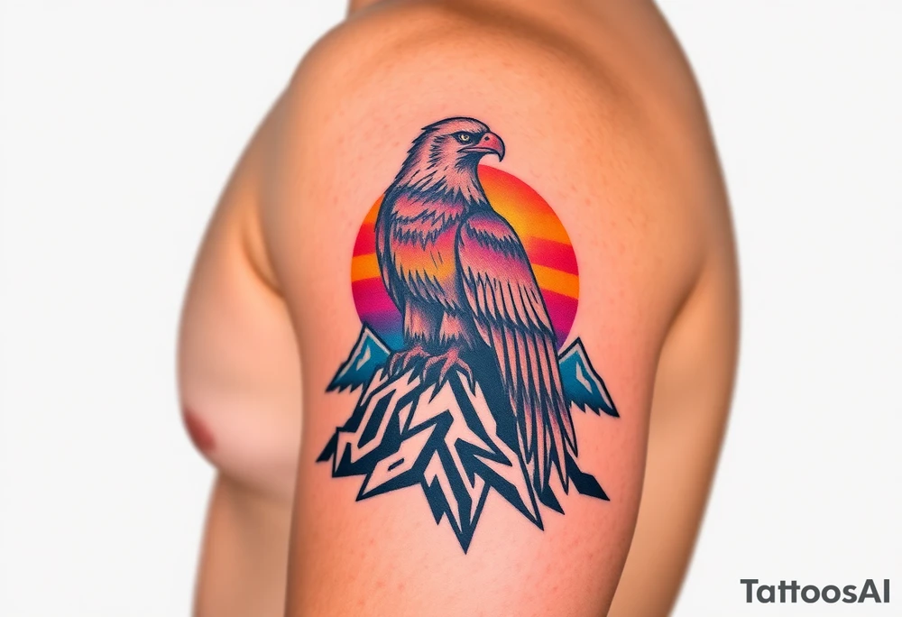 A proud eagle perched on a rugged mountain peak, with a breathtaking sunset behind it, blending fiery oranges, purples, and blues tattoo idea