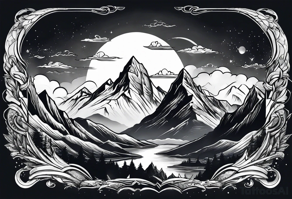 Mountains with space Viking flying above tattoo idea