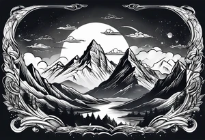 Mountains with space Viking flying above tattoo idea