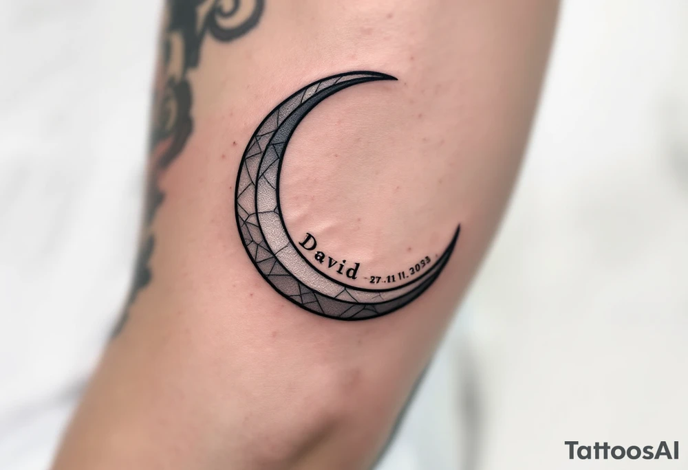 Crescent moon with "David – 27.11.2020 v 3:33" nestled in its curve, done in silver-gray and black. tattoo idea