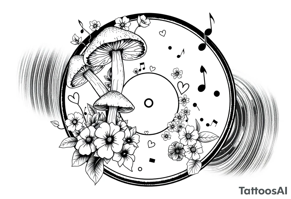 vinyl record with mushrooms, flowers, hearts, and music notes tattoo idea