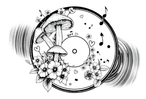 vinyl record with mushrooms, flowers, hearts, and music notes tattoo idea