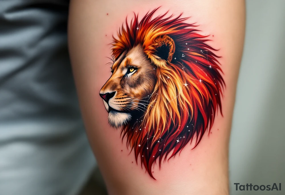 The lion’s silhouette is painted in fiery reds and oranges, with the Leo star constellation mapped across its chest in white. tattoo idea