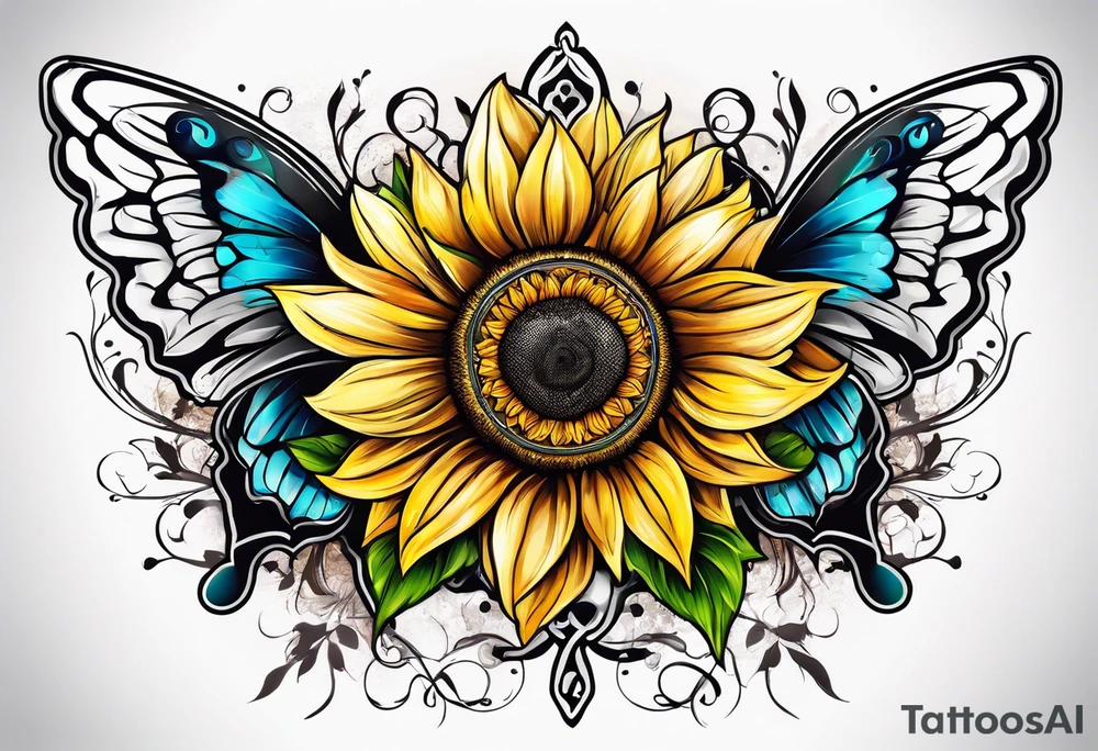 Winged cross with sunflower and butterflies tattoo idea