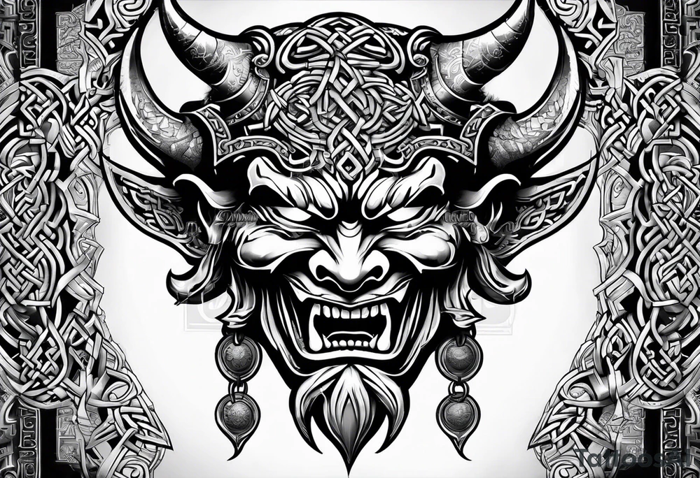 oni mask in celtic style tattoo idea