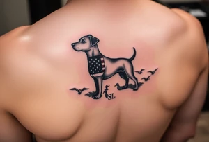 Small Hunting tattoo featuring a small upland dog silhouette, Italian and American flag, SSL initials, with some ducks in sky tattoo idea