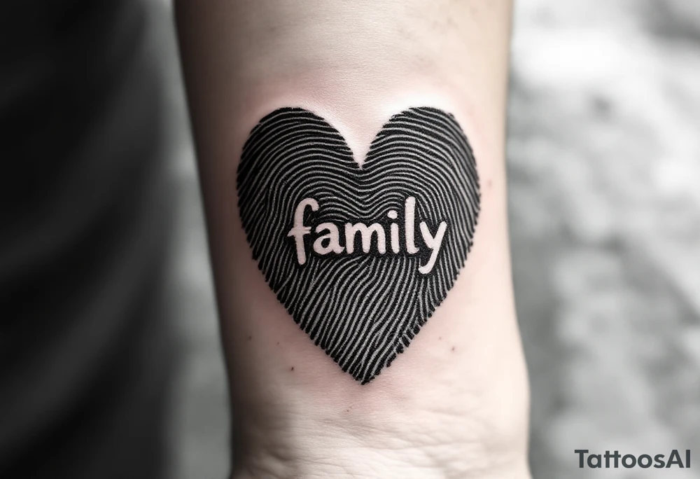 A fingerprint heart in grayscale forming the word family in the center in deep burgundy. tattoo idea