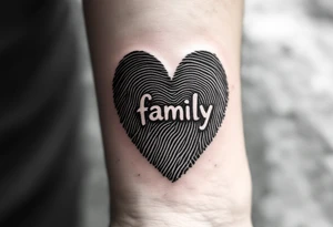 A fingerprint heart in grayscale forming the word family in the center in deep burgundy. tattoo idea