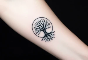 Tree inside of sun, spiral circle line moving roots to the right tattoo idea