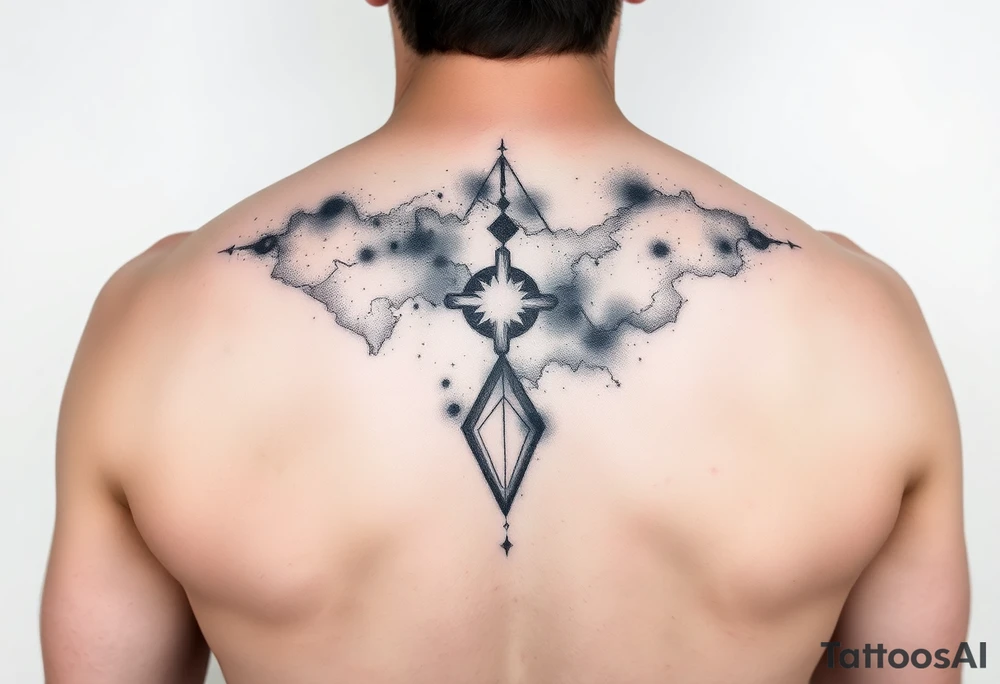 milky way that covers the upper middle back and is geometric that also uses negative spaces and plays with shading tattoo idea