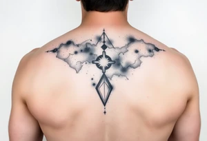 milky way that covers the upper middle back and is geometric that also uses negative spaces and plays with shading tattoo idea
