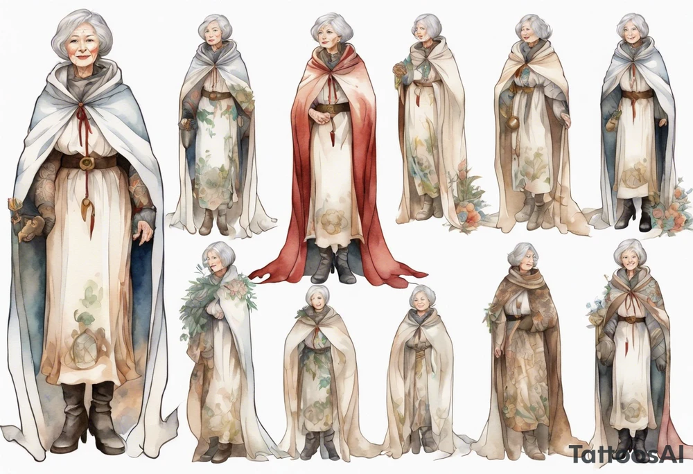 beautiful older woman wearing white medieval cloak and boots tattoo idea