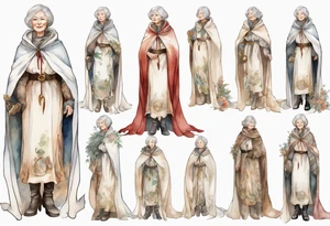 beautiful older woman wearing white medieval cloak and boots tattoo idea