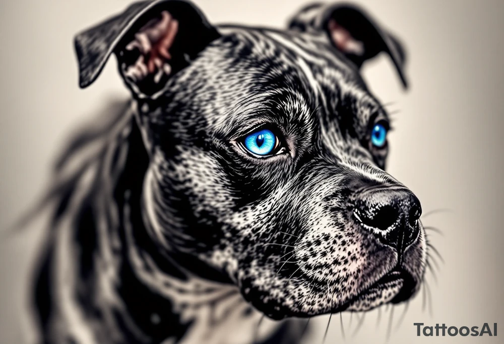Black Ink Realism with Eye Color Pop – A fully black-and-gray realistic Staffordshire Bull Terrier with just the eyes in vivid blue or hazel, drawing focus. tattoo idea