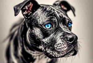 Black Ink Realism with Eye Color Pop – A fully black-and-gray realistic Staffordshire Bull Terrier with just the eyes in vivid blue or hazel, drawing focus. tattoo idea
