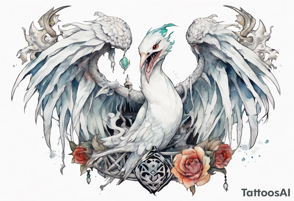 a white bird-serpent hybrid, holding an iron crown in her talons tattoo idea