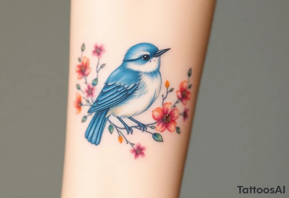 Puffy bluebird surrounded by wild flowers tattoo idea