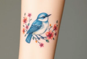 Puffy bluebird surrounded by wild flowers tattoo idea