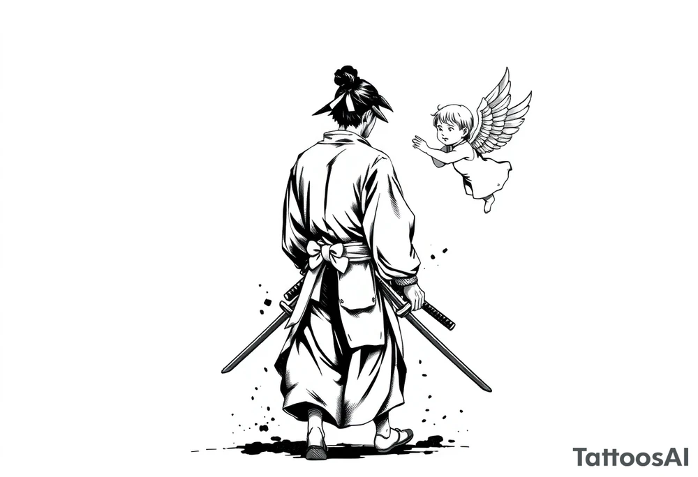 "Blackwork tattoo illustration of a samurai walking forward, seen from behind. The samurai wears a traditional kimono and hakama, holding two long katanas in a relaxed but ready pose. To his right, a small child angel with detailed feathered wings floats in the air, gently reaching toward him with an outstretched hand. Strong contrast, dynamic ink splatters, sumi-e brush stroke effects, minimalist white background, dramatic lighting, emotional and symbolic composition, high-detail linework." tattoo idea