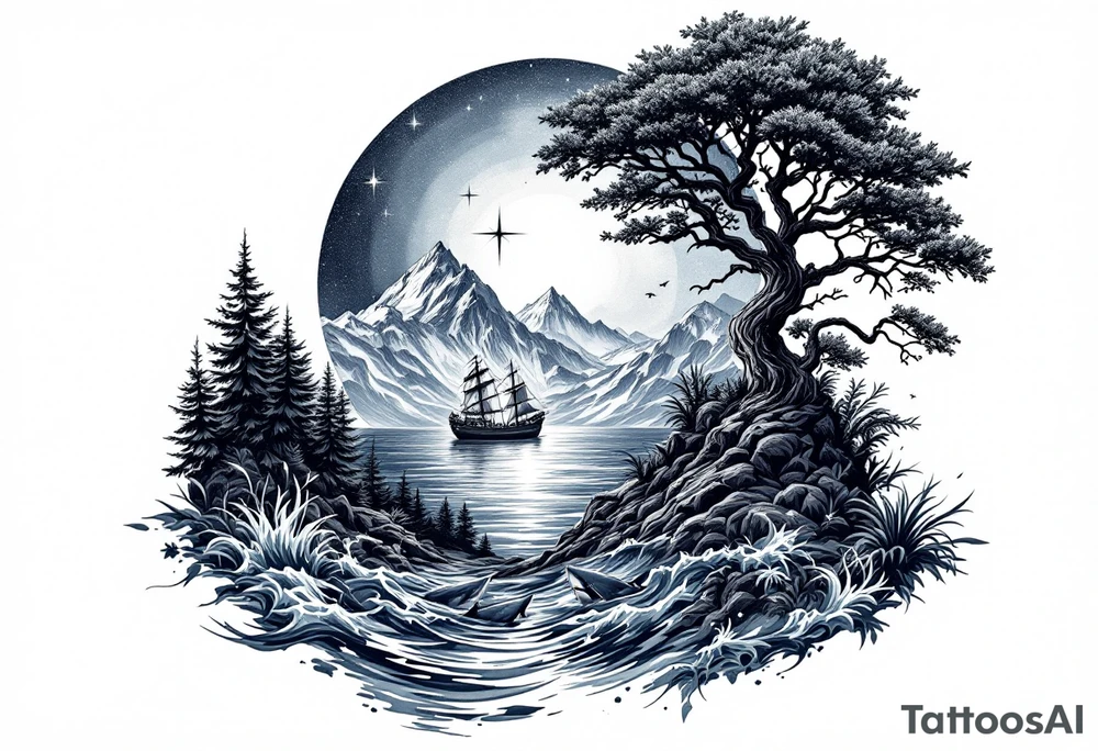 tattoo that has an acacia tree with forest mountains, ocean with a ship wreck with sharks and the bright northern star tattoo idea