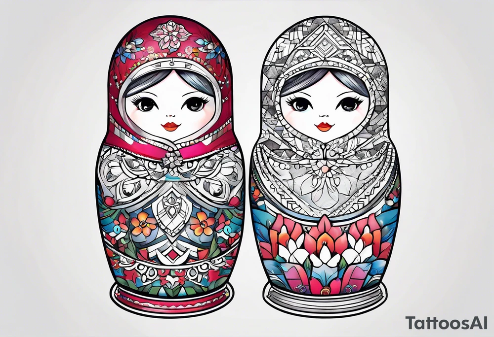 Matryoshka with geometric with large pattern around it tattoo idea