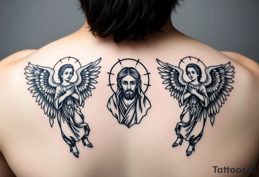 russian orthodox symmetrical guardian angel icon on left and right side of back with both angels holding up a jesus potrait tattoo idea