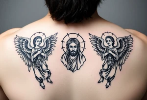 russian orthodox symmetrical guardian angel icon on left and right side of back with both angels holding up a jesus potrait tattoo idea