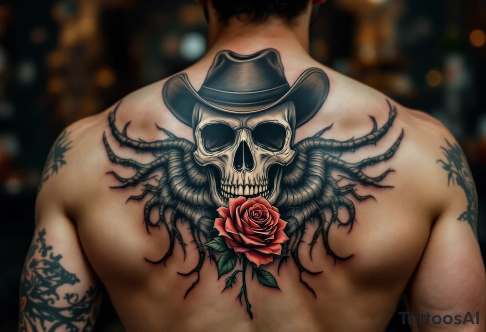 Full skeleton body and head 
cowboy with rose in teeth tattoo idea