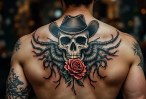 Full skeleton body and head 
cowboy with rose in teeth tattoo idea