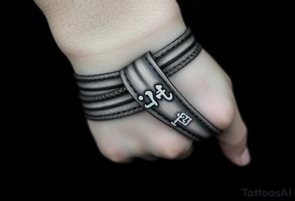 A realistic black and gray tattoo of a Brazilian Jiu-Jitsu black belt wrapping around the wrist like a bracelet. The belt is tied in a knot with one end showing the number 30 and the other showing 24. On the flat end of the belt, two Japanese kanji characters are inked in white: 成長 (growth) and 忍耐 (perseverance). The belt has subtle stitch marks and worn, textured shading for a slightly distressed, authentic look. tattoo idea