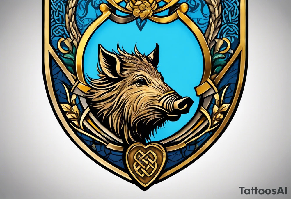 Side profile, Celtic, tribal, wild boar, On a Chatwin family crest with blue background, two gold stars, and a gold Chevron, and a Thistle tattoo idea