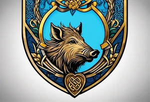 Side profile, Celtic, tribal, wild boar, On a Chatwin family crest with blue background, two gold stars, and a gold Chevron, and a Thistle tattoo idea
