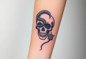 Skull with a snake going through its eyes or mouth include a clock and prickly vines tattoo idea