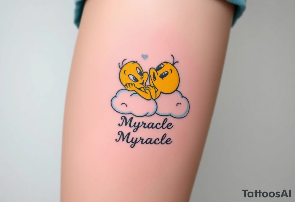 Tweety Bird laying on a cloud with his head in his hands looking up at the sky. Under the cloud in small capital letters is the name Myracle Blessing tattoo idea